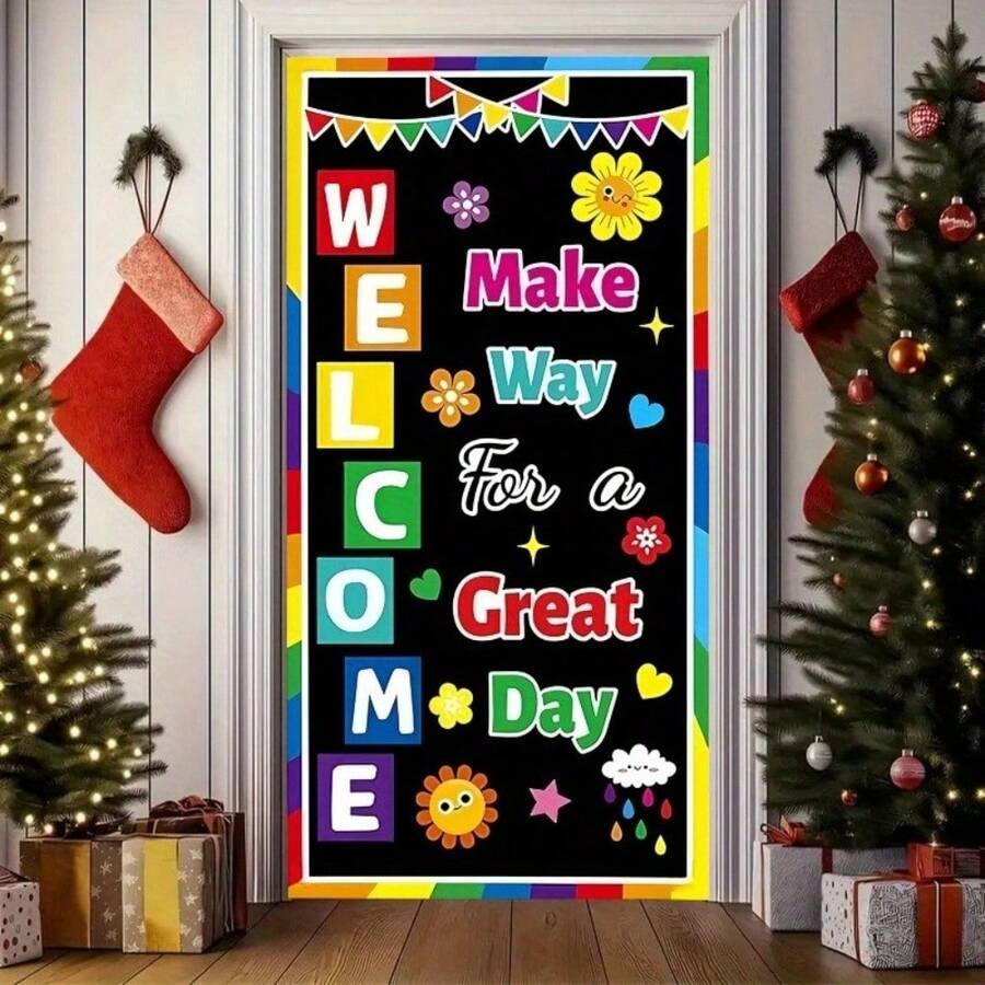 2D Flat Door Banner, 1 Pc Colorful Welcome Door Curtain Decoration, Suitable For Classroom Back To School (Welcome, Make Way For A Beautiful Day) - Door Curtain Banner Decoration, Ideal For Hanging Background Signs, For Home Decor, Indoor & Outdoor Festival Party Supplies
