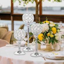 3-Pieces Elegant Crystal Candle Holders - Versatile, Silver Centerpiece Polished Finish For Wedding Decor, Table Centerpieces & Home Ambiance Halloween, Spooky, Autumn, Festival, Holiday , Winter, Holiday, Festival, Room Decor, Gifts Birthday Graduation - 銀色 - 查看 2