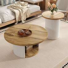 Coffee Table, Double Round Table, Side Table With Natural Wood Slats. Multifunctional Living Room Table.