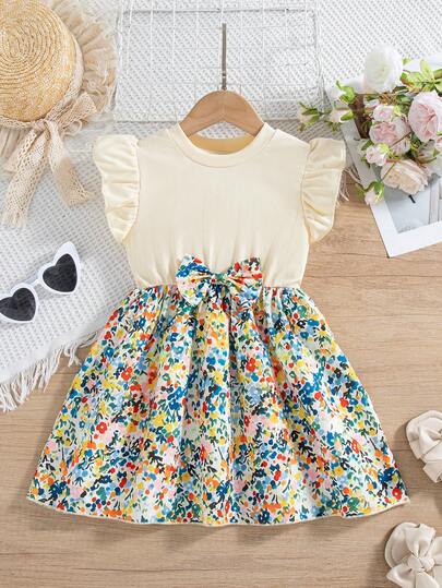 Đầm không tay dài đến đầu gối in họa tiết hoa cho bé gái, kiểu dáng thường ngày, đính nơ 3D, thích hợp cho mùa hè.