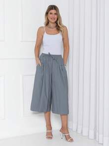 Plain Culottes With Two Elasticated Waist Pockets, Women's Linen, Knot Detail, Wedding Dress. - Xám - Xem 7