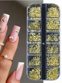 1盒星月心形三角方形铆钉，用于指甲和脚趾甲装饰，3D金色金属朋克美甲饰品，12格美甲亮片饰品，DIY美甲宝石，美甲用品 - 金色 - 查看 4