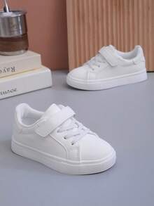 1 Pair White Printed Cute Pattern PU Material Hook & Loop Baby Sneakers, Fashionable Comfortable Non-Slip Wear-Resistant Lightweight Stylish Toddler Walking Shoes, Lasted Construction, Stable Foot Support, Suitable For Daily Wear - White - View 1