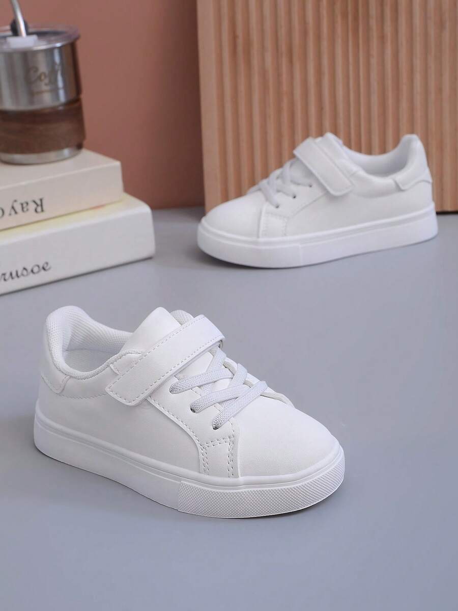1 Pair White Printed Cute Pattern PU Material Hook & Loop Baby Sneakers, Fashionable Comfortable Non-Slip Wear-Resistant Lightweight Stylish Toddler Walking Shoes, Lasted Construction, Stable Foot Support, Suitable For Daily Wear - White - View 1