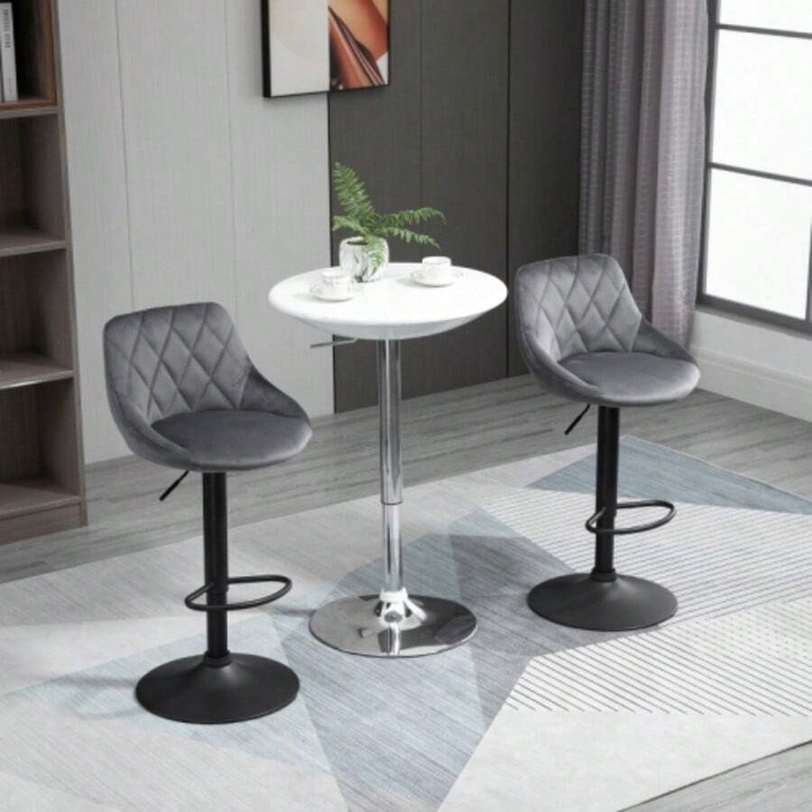 Set Of 2 Bar Stools, Height-Adjustable Bar Chairs With Backrest, Velvet Look, Metal Frame, Footrest, Swivel, Dark Grey - Dark Grey - View 1