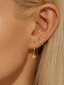 3pcs Dainty Earring Set, 14K Gold Plated Earrings With Star Design, Hypoallergenic Exquisite Cartilage Huggie Hoop Stud Earring Everyday Earring Stack - 3 Pcs - View 6