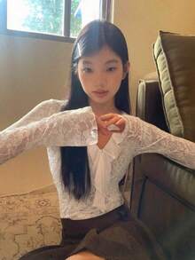 Women's Ruffle V-Neck Bell Sleeve Blouse, Stylish For Early Autumn - White - View 4