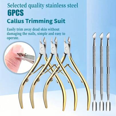 1/2/6pcs Stainless Steel Professional Dead Skin Pliers Set, With Dead Skin Push And Concave Blade, Can Accurately Trim Fingers And Toenails, And Gold Tools Can Remove Dead Skin, Making It The Perfect Choice For Home Nail Art And Foot Relaxation