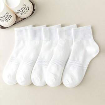 5 pares de calcetines blancos, calcetines de unicolor para mujer, calcetines de estilo coreano hasta el tobillo, versátiles para otoño/invierno/verano, calcetines deportivos unisex