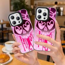 Una funda para teléfono con un diseño de calavera de corazón y ojos en rosa neón, a la moda y moderna, hecha de material mate a prueba de golpes, duradera, compatible con iPhone 11 a 17 Pro Max, perfecta como regalo para entusiastas de la moda. - Mezcla de colores - Ver 2