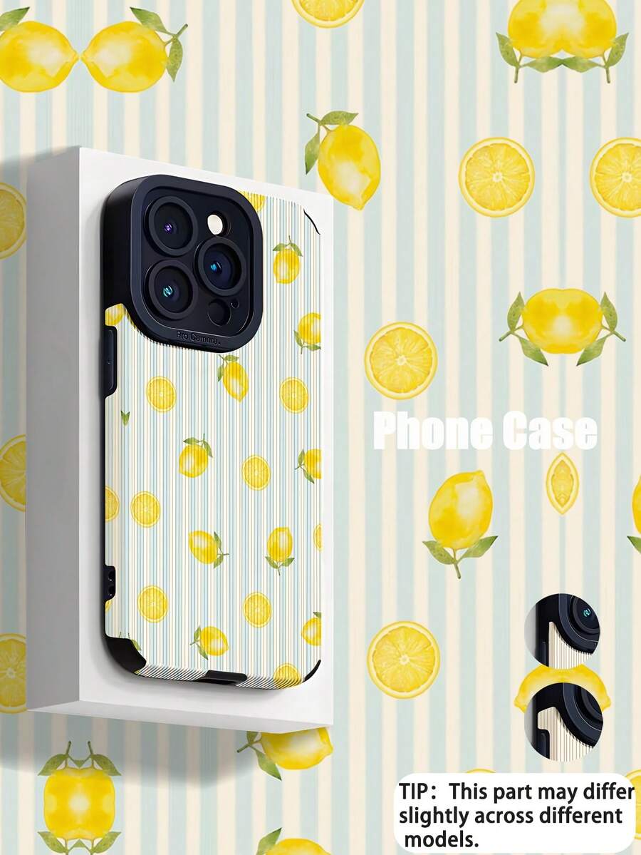 1pc Fashionable Minimalist Blue Striped Lemon & Green Leaf Pattern Vertical Faux Leather Soft Protective Phone Case, Suitable As Birthday, Holiday Gift For Friends, Family, Couples, Fits And Galaxy 17/16 PLUS/16 PRO/16 PRO MAX - Multicolor - View 1