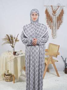 Women's Modest Hooded Prayer Dress Full Length With Long Regular Sleeves And Delicate Ruffle Neck Detailing
