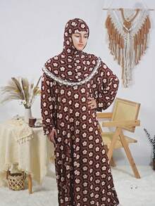 Modest Hooded Prayer Dress For Women Long Sleeve Ruffle Neck Full Length Woven Fabric With Regular Sleeves And Slight Stretch Design