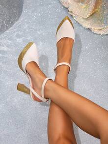 2英寸厚底尖头高跟凉鞋，配闪亮金色踝带，防水厚底，适合大码身材，时尚百搭，适合春夏派对、宴会等场合。 - 金色 - 查看 4