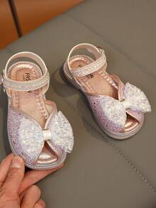 1双时尚百搭女童珍珠水钻蝴蝶结装饰可爱平底凉鞋，圆头，适合日常穿着、跳舞、户外活动，亮片装饰，闭趾公主鞋，春秋季款 - 粉色 - 查看 10
