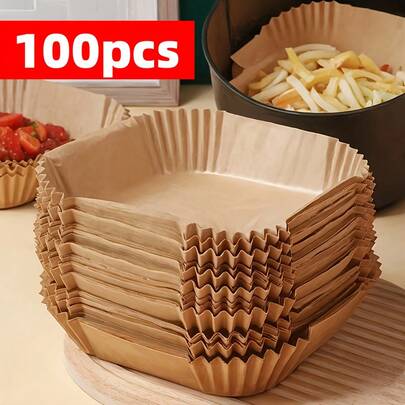 50/100pcs Square Air Fryer Liners - Gold Heatproof Paper Trays, Non-Stick Baking Sheets, Suitable For Air Fryer, Oven And Microwave, Great For Holding Fried Chicken, Chickpeas, Almonds, Fries And More, Disposable And Hygienic, Easy To Clean, Ideal For Home Daily Use, Parties, Picnics And Outdoor Dining, Practical Kitchen Accessory To Reduce Cleaning
