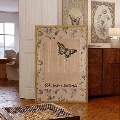 Unframed Poster "Oh, I Wish To Become A Butterfly" With Vintage Black Butterfly Illustration And Floral Background, Creating A Dreamy Visual Effect, Suitable For Decorating Living Room, Bedroom Or Dorm. This Is A Unique Poster, Indoor Decor And Wall Art.