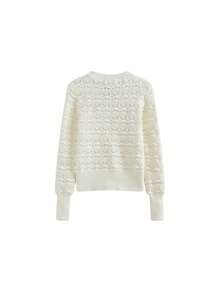 女士镂空波浪V领针织毛衣上衣，秋季设计，系带长袖，春季白色 - 白色 - 查看 5