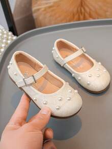 Girls' Pearl Mary Jane Princess Shoes - Buckle Strap Soft Sole Toddler Little Girl Dress Shoes | Spring Autumn Party Everyday Wear - Beige - View 2