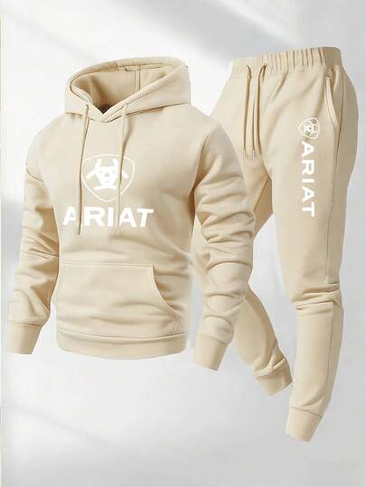 Men's Two-Piece Set Featuring A Casual Crew-Neck Long-Sleeve Hoodie Paired With Sweatpants, Adorned With ARIAT Print-The Perfect Autumn/Winter Outfit Choice. The Athletic Ensemble Includes Knit Hoodies, Sweatshirts, Sweatpants, Hooded Sweatshirts, Joggers, Sweatshirts, Trousers, Hooded Sweatshirts, Sweatpants, And Joggers.