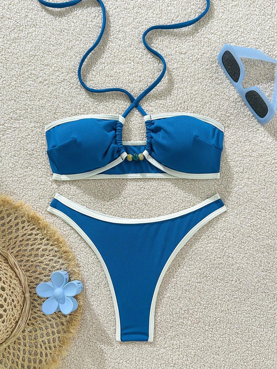 LUCKY HOLIDAY 2026 New Summer Beach Bikini Set, Bandeau Striped Fabric, Removable Padded, Neck Tie, Suitable For Beach Vacation