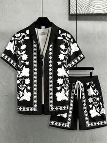 AICJ 男士印花睡衣两件套 - 短袖衬衫（带领和口袋）、抽绳短裤、针织面料，适合春夏、度假/海滩穿着，也可作为男友生日礼物