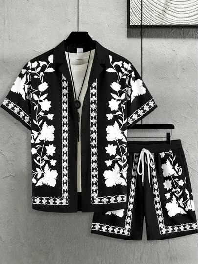 AICJ 2pcs Men's Floral Print Pajama Set - Short Sleeve Shirt With Collar & Pockets, Drawstring Shorts, Knit Fabric, Spring/Summer, Vacation/Beach, Boyfriend Birthday Gift