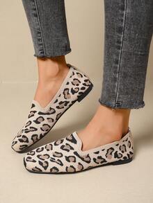 Leopard Print Flat Loafers For Women, Soft Sole Slip-On Casual Breathable Woven Shoes - Khaki - View 5