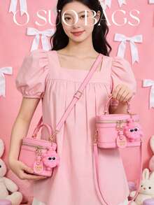 可爱粉色盒子包，带毛绒挂饰 - 千禧风格迷你手提包/斜挎包 - 粉色 - 查看 5