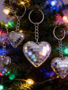 Herzförmiger reflektierender Spiegelkugel Schlüsselanhänger Anhänger, kreative Weihnachts Disco Liebe Ornament Kugel Schlüsselring, Taschenanhänger, Party & Outdoor Garten Dekoration - Silber - Übersicht 3