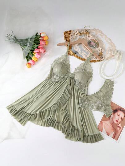 2pcs Women's Sexy Nightgown Set, With Padded Bust, Lace Trim, Detachable Front Clasp, Spaghetti Straps And Panty