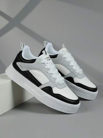 Teenagers' Thick Sole Sneakers, Anti-Slip Low-Top Round Toe Lace-Up Solid Color Letter Patchwork Contrast Color Casual Fashionable Versatile Boy's Skate Shoes, EVA High Elastic Rubber Soft Bottom Lightweight Comfortable Boys' Sports Shoes, Suitable For Outdoor, Park, Gym Workout