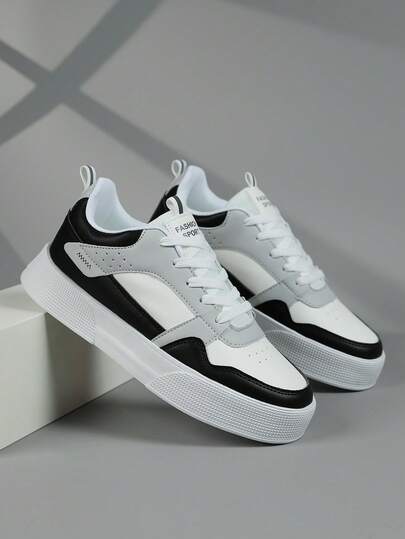 Teenagers' Thick Sole Sneakers, Anti-Slip Low-Top Round Toe Lace-Up Solid Color Letter Patchwork Contrast Color Casual Fashionable Versatile Boy's Skate Shoes, EVA High Elastic Rubber Soft Bottom Lightweight Comfortable Boys' Sports Shoes, Suitable For Outdoor, Park, Gym Workout