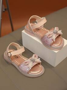1 Pair Fashion Versatile Girls' Pearl & Rhinestone Bow Decor Cute Flat Sandals, Round Toe, Suitable For Daily Wear, Dancing, Outdoor, Decorated With Sequins, Closed Toe Princess Shoes, Spring And Autumn - Pink - View 5