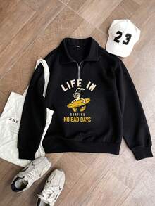 Black Half-Zip Polo Collar Cartoon Print Sweatshirt For Women, Loose Casual Versatile Pullover Top, Autumn/Winter - Black - View 5