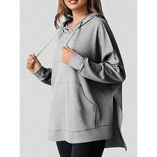 Sudadera Con Capucha Oversize Para Mujer, Sudaderas Informal De Manga Larga Con Cuello De Gofre, Sudadera Con Cordn Y Abertura Lateral Con Bolsillos - Gris + XXL - Ver 2
