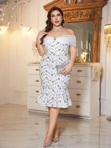 Đầm cocktail đính sequin và kim cương không dây đeo vai, thủ công, dành cho nữ cỡ lớn Fuaheng [Họa tiết ngẫu nhiên] - trắng - Xem 3