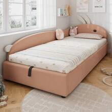 Upholstered Bed, Single Bed, Children's Bed, Cute Rabbit Pattern Headboard, Hydraulic Bed With Storage Space, Raised Soft Rail, Left Side Panel, Velvet, Pink And White, 90 X 200 Cm - Red Bean Paste + Velvet - View 6
