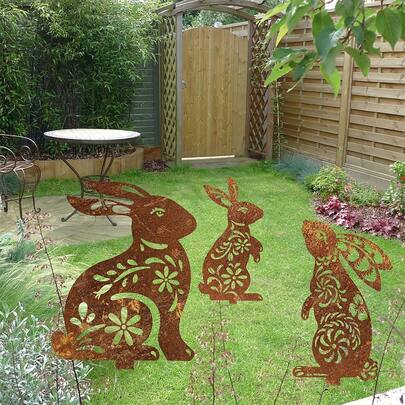 1/4pcs Rural Style Metal Rabbit Shaped Horticultural Pile - Retro Rabbit Shaped Outdoor Decorative Art, Suitable For Easter And Home, Lawn, Terrace, Farmhouse And Garden - No Battery Required