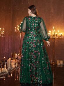 [Mẫu in ngẫu nhiên] UNITHORSE Đầm dạ hội maxi ôm sát, cổ chữ V, tay phồng, đính sequin và lưới tương phản, dành cho nữ cỡ lớn. - Màu xanh lá cây đậm - Xem 3