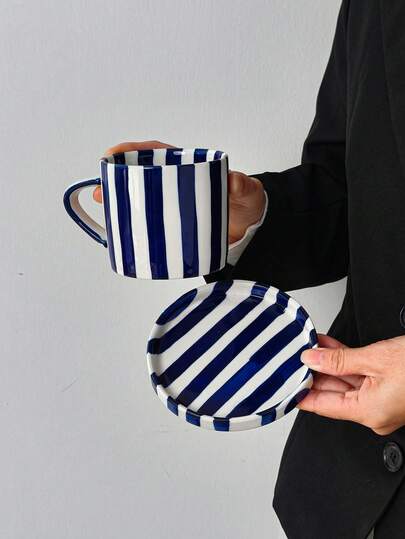 1 Set Blue & White Striped Ceramic Cup & Saucer Set, Retro Contrast Color Coffee/Tea Set, Home Morning Tea / Afternoon Tea Set With Friends, Apartment Decor, Coworker Gift