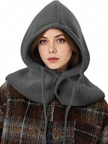 1件装女士羊毛拉法帽，户外抽绳可拆卸领滑雪保暖针织面颈防护连帽斗篷，适合冬季防寒 - A - 查看 3