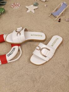 1双儿童简约PU平底休闲拖鞋，适合夏季穿着 - 米色 - 查看 3