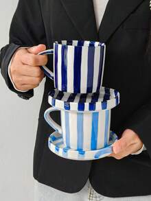 1 Juego de taza y platillo de cerámica a rayas azul y blanco, juego de café/té de color de contraste retro, juego de té de la mañana/tarde con amigos, decoración de apartamento, regalo para compañeros de trabajo - Multicolor - Ver 10