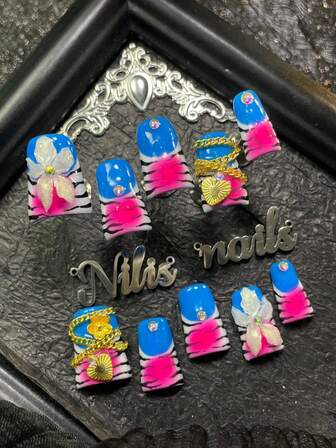 10pcs Handmade Elegant Duck Mouth Nail Y2K Style Acrylic Nail Art Kit,Blue Nail Art,White French,Rose Red Tie Dye Design,3D Three-Dimensional Diamond&Metal Chain&Flower Nail Decoration,Hand Drawn Zebra Pattern Elements,Suitable For Party,Wedding,DailyWear,Great Gift For Women And Girls,With 1 Jelly Pad And 1 Nail File