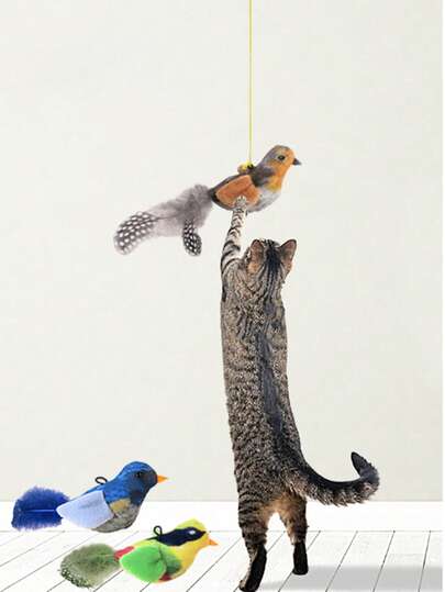 1 st kvittrande fågelkattleksak, interaktiv kattleksak med realistiska fågelljud - Inget batteri krävs, hängande och avtagbar för lek - Tillverkad av syntetiska polyesterfjädrar, lämplig för alla kattraser, kan användas som en kattleksak för att simulera fågellek och ljud