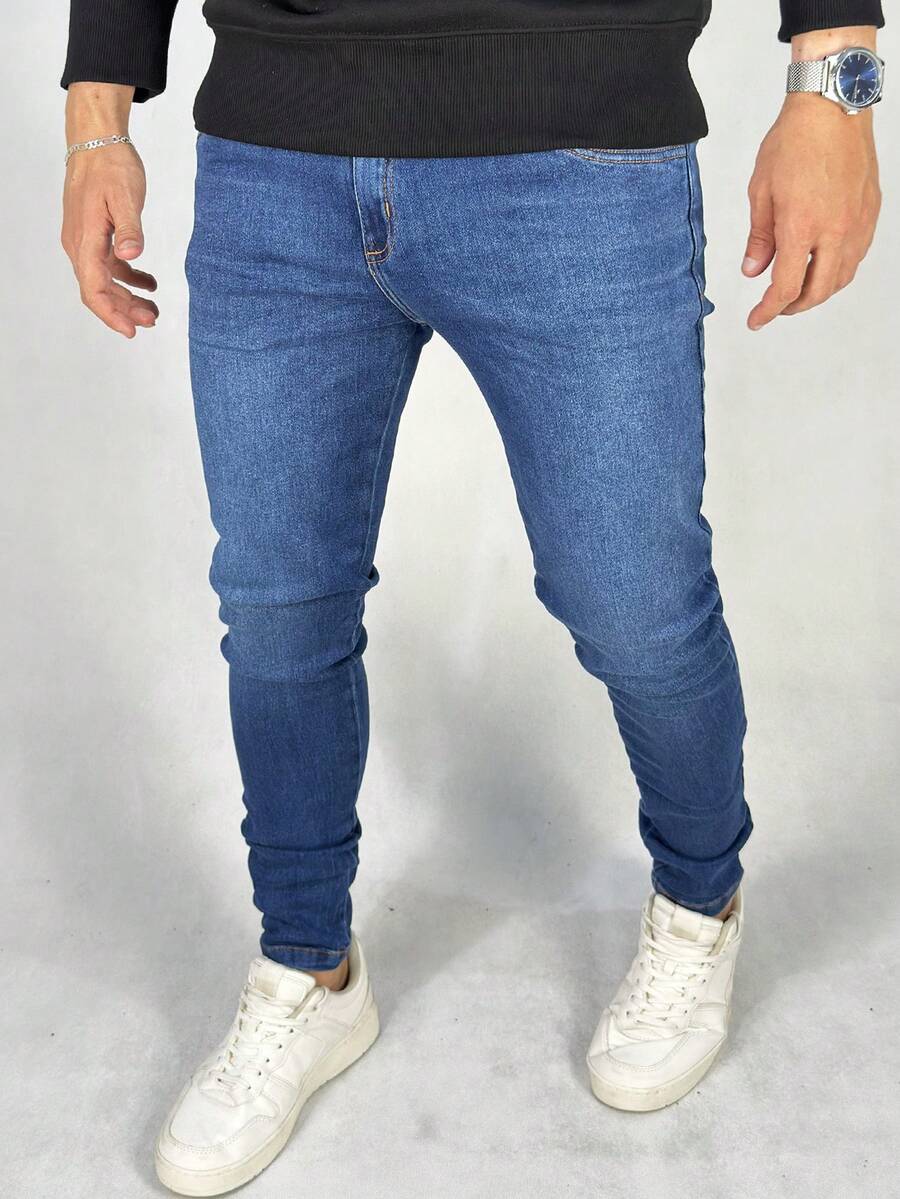 Men's Skinny Jeans, Plain Lycra, Elastane, Premium Style, With Pockets - Xanh đậm - Xem 1