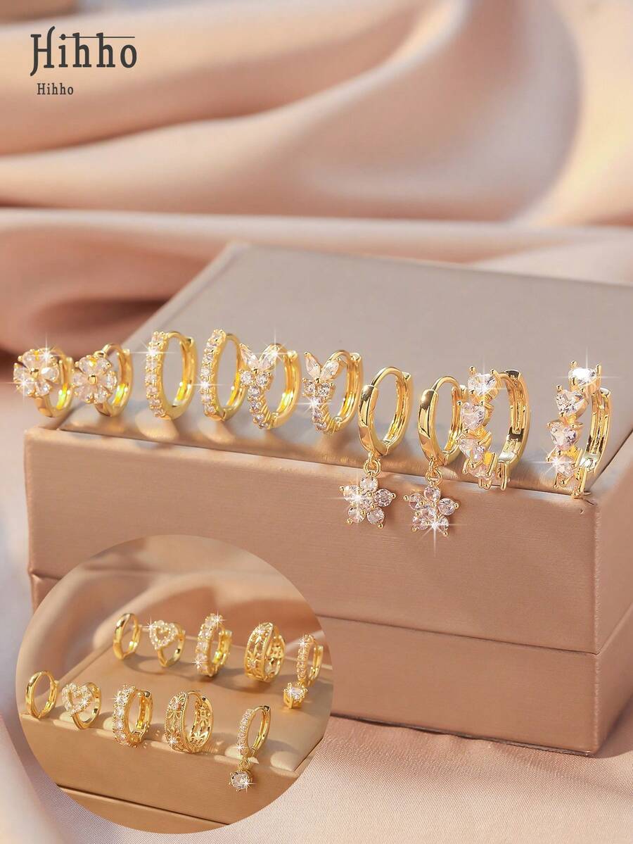 Hihho 10 件/套简约金环耳环，心形和花朵设计耳环，可爱的五瓣花耳钉，适合女孩日常佩戴和情人节礼物 - 金黃色 - 查看 1