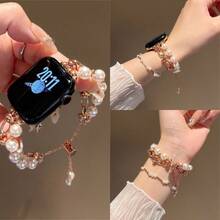 优雅苹果主题珍珠手链表带，配有安全两步式表扣 | 闪亮珠子和可爱苹果吊坠，兼容 Ultra/SE/Series 11/10/9/8/7/6/5/4/3/2/1 | 可调节尺寸，适用于 38mm、40mm、41mm、42mm、44mm、45mm、46mm、49mm 表盘 - 38/40/41mm(s10)42mm - 查看 14