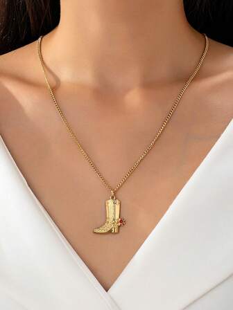 1件复古奢华金色靴子吊坠项链，精致金属链项链，简约雕刻靴子吊坠项链，牛仔靴吊坠锁骨链，批发